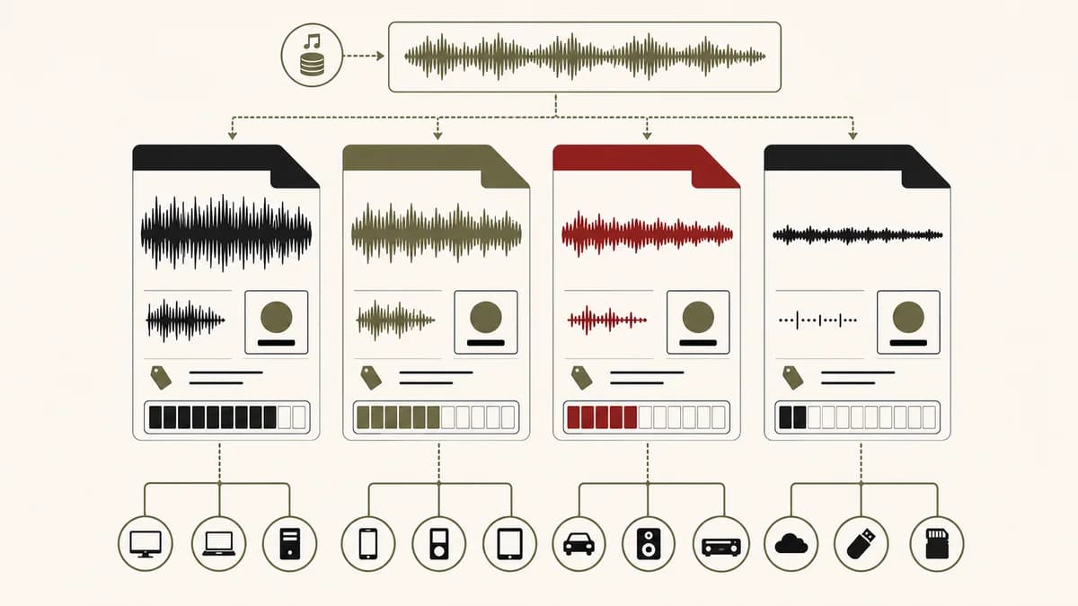 Clean technical comparison of WAV, AIFF, FLAC and MP3 formats for DJ libraries