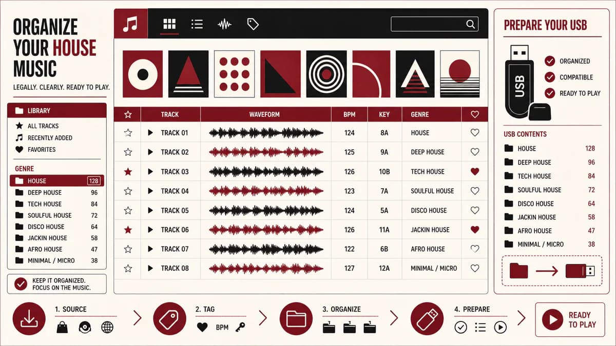 Geordnete House-Musikbibliothek mit Wellenformen, BPM, Tonart, Genre und USB-Vorbereitung
