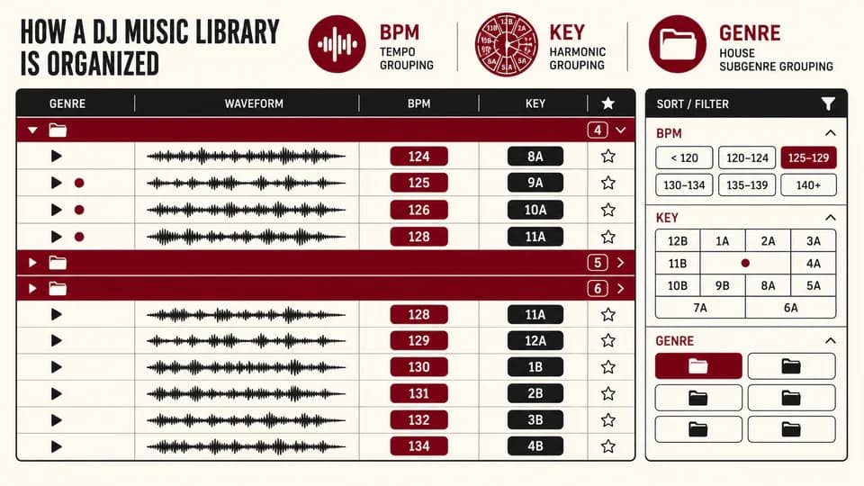 House-Bibliothek nach BPM, Tonart und Genre mit Wellenformen sortiert